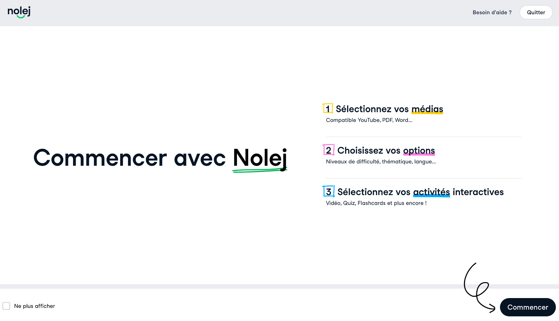 Commencer avec Nolej : sélectionnez vos médias, choisissez vos options, sélectionnez vos activités interactives